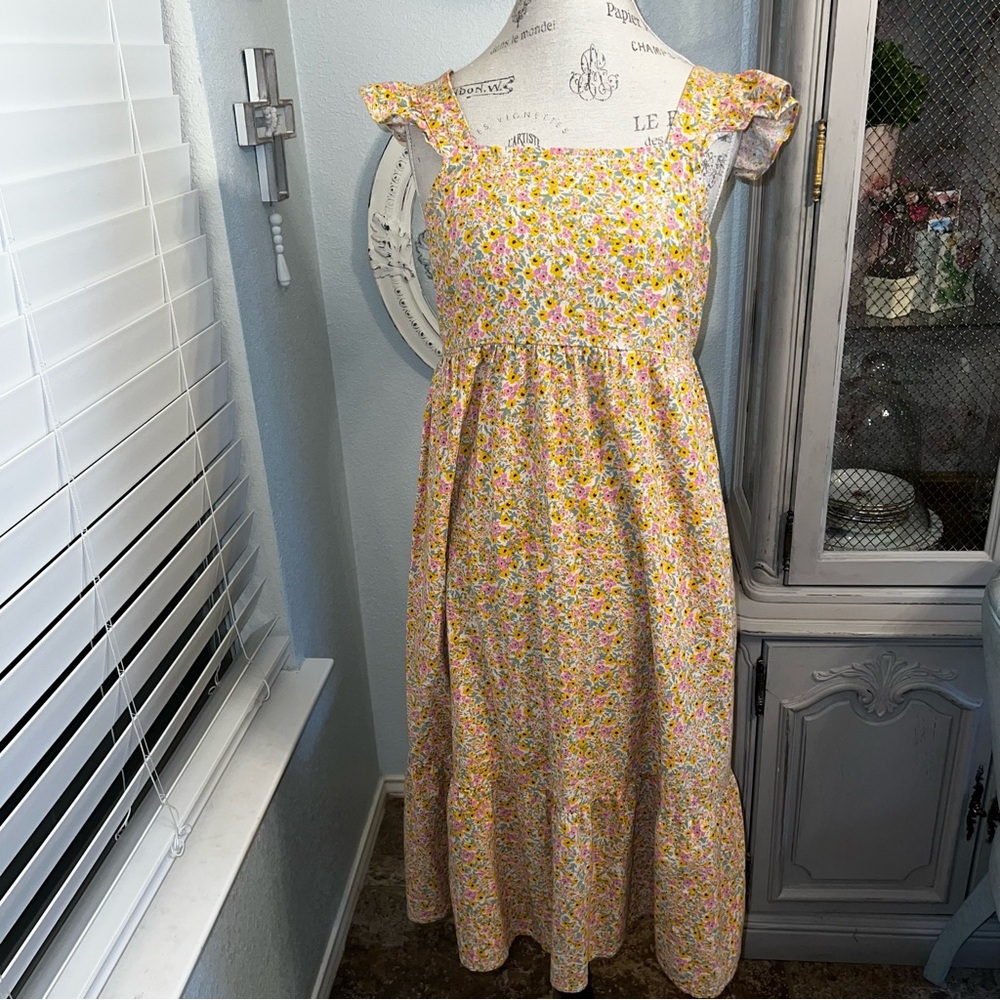 Universal Thread Yellow Floral Midi Dress with Pink & Green Accents